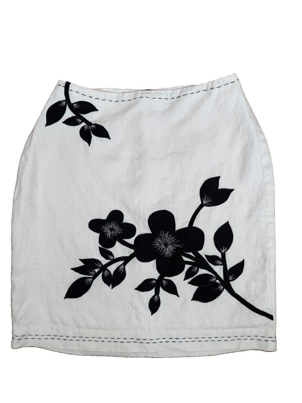 Ann Taylor Linen Skirt Size 6 White Black Floral Embroidered Lined Pencil M
